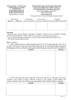 Đề thi chọn học sinh giỏi Sinh học 12 - Năm học 2014-2015 - Sở GD & ĐT Cần Thơ